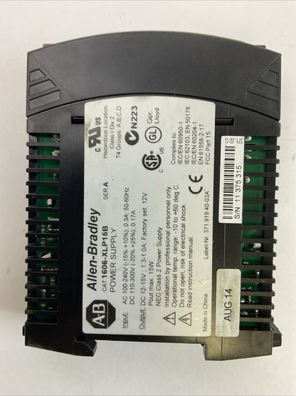 ALLEN BRADLEY 1606-XLP15B POWER SUPPLY INPUT 100-240VAC 110-300VDC OUTPUT 12-15