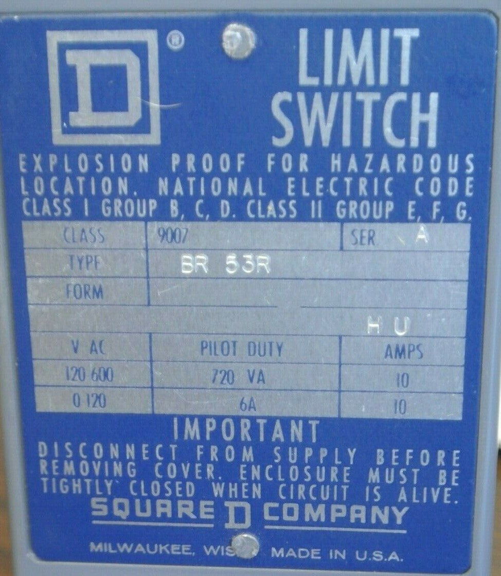 SQUARE D 9007 BR53R EXPLOSION-PROOF LIMIT SWITCH / NEW SURPLUS