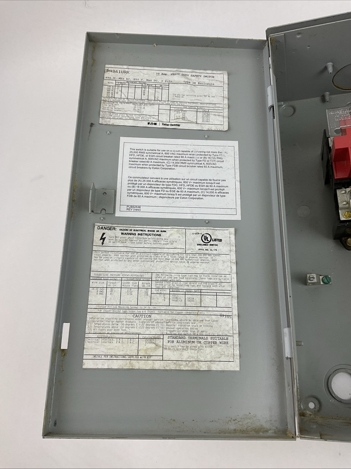 EATON DH361URK 600VAC 30HP 30A 250VDC 5HP NON-FUSIBLE SAFETY SWITCH TYPE 3R