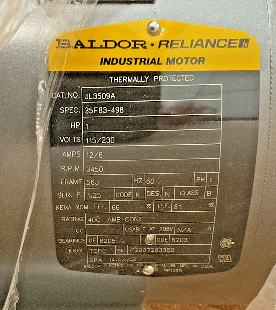 BALDOR JL3509A MOTOR 115/230V 12/6A 1HP 3450RPM FRAME:56J 1PH 60HZ