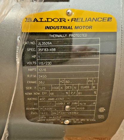 BALDOR JL3509A MOTOR 115/230V 12/6A 1HP 3450RPM FRAME:56J 1PH 60HZ