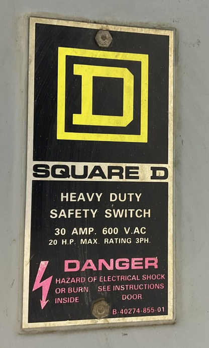 SQUARE D H361RB SAFETY SWITCH 30A 600VAC 2HP 3PH FUSIBLE SER.E1