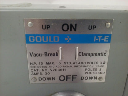 GOULD ITE V7E3611 TWIN VACU BREAK CLAMPMATIC SWITCH 3P 3PH 30A 600V 20HP