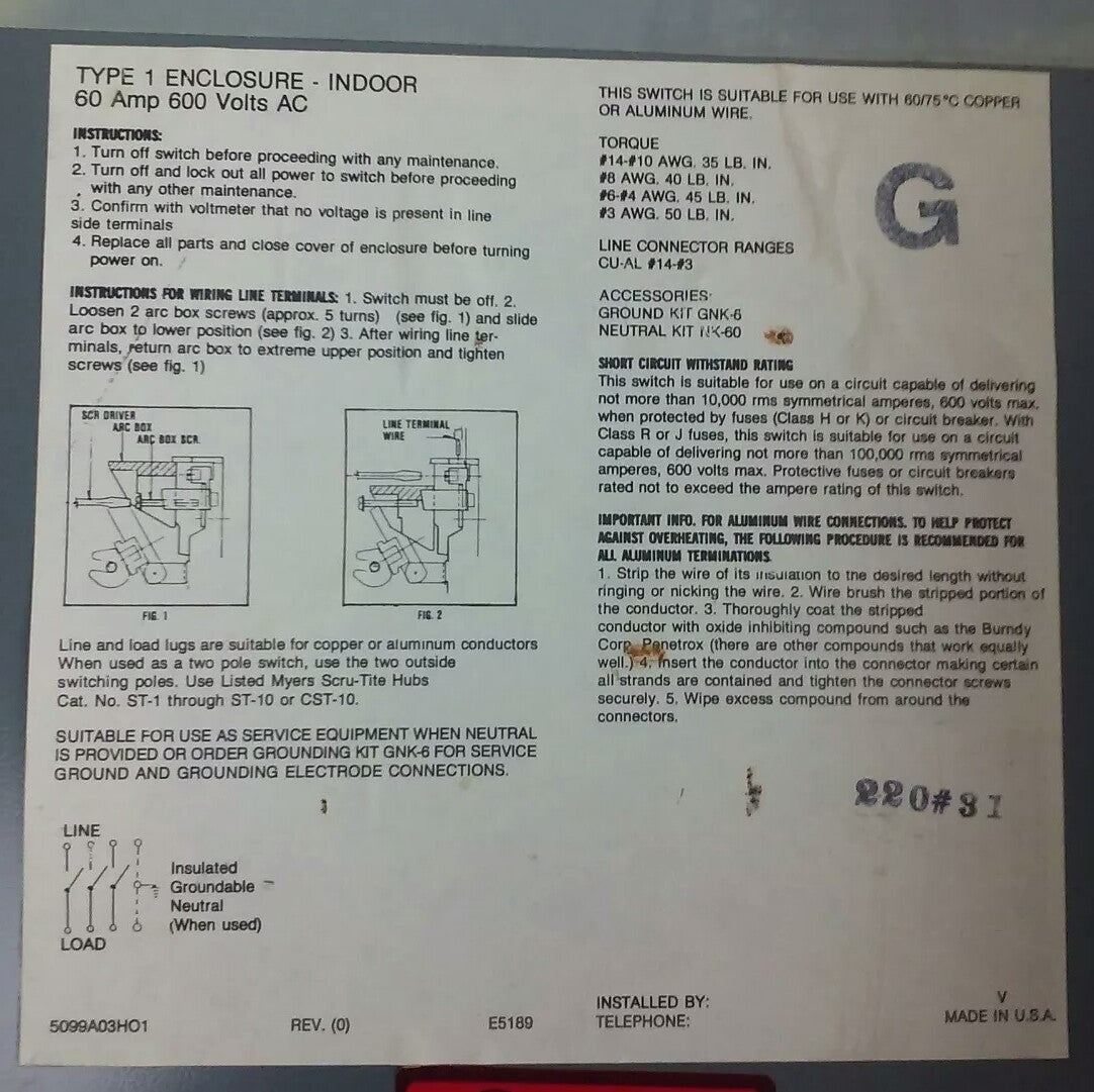 WESTINGHOUSE, HUN362, SAFETY SWITCH, 60A, 600V, 3P, TYPE 1 INDOOR, MISSING PARTS