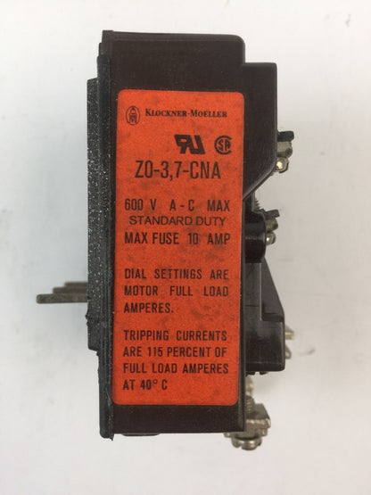 KLOCKNER MOELLER Z0-3,7-CNA BIMETAL RELAY 600VAC 1.9-3.7AMP