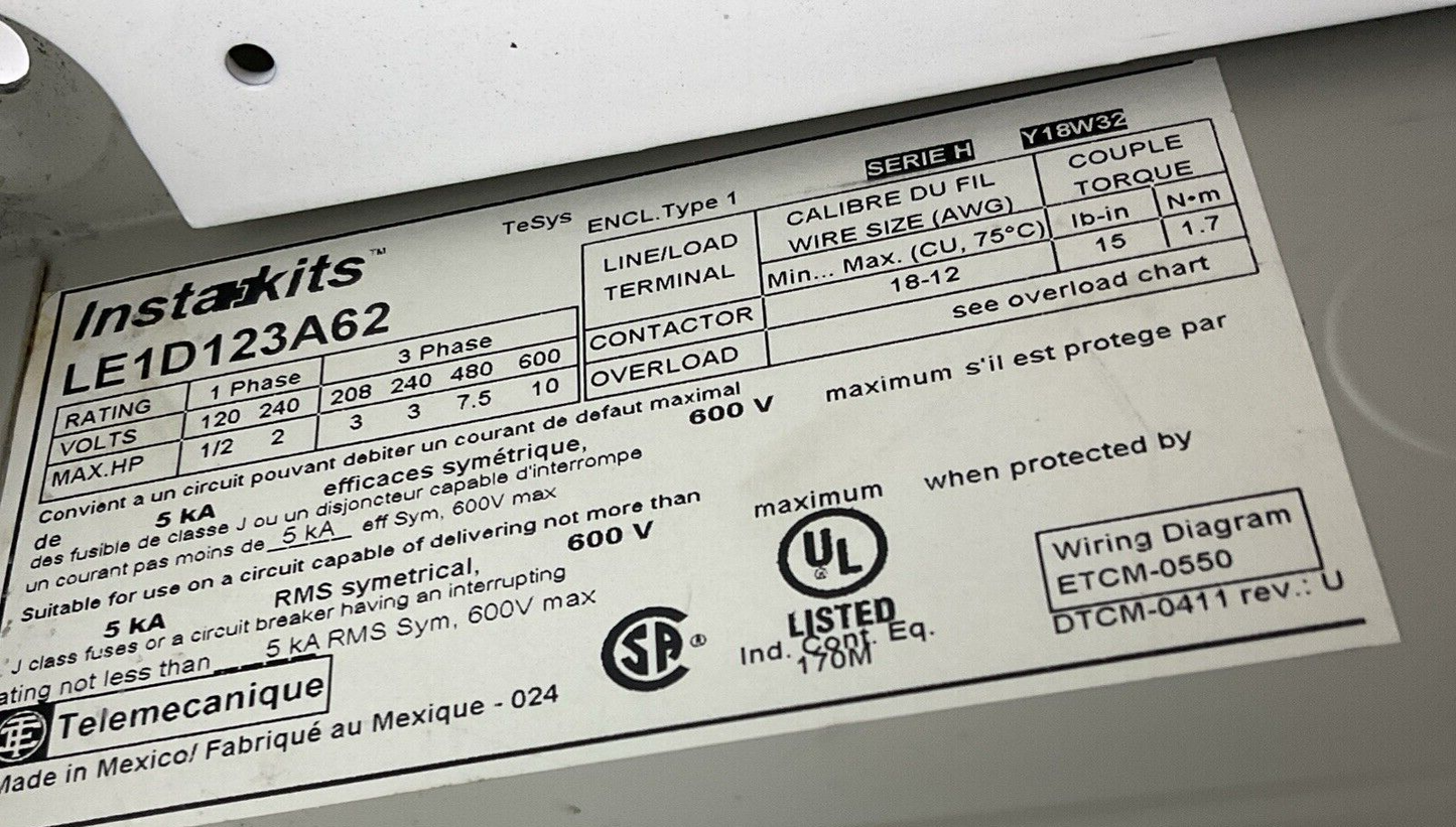 SCHNEIDER ELECTRIC / TELEMECANIQUE LE1D123A62 ENCLOSED CONTACTOR LC1 D12