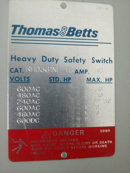 THOMAS & BETTS RHD361NF-TB SAFETY SWITCH 3P 30A 600V 30HP TYPE 3R RAINPROOF