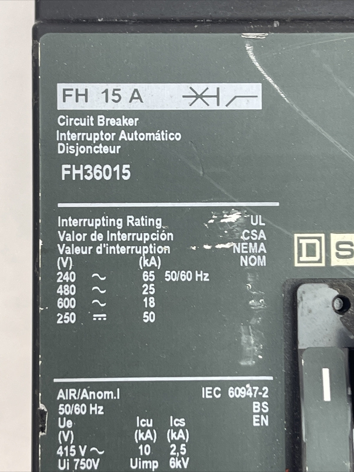 SQUARE D FH36015 CIRCUIT BREAKER 600VAC 250VDC 15AMP 3POLE