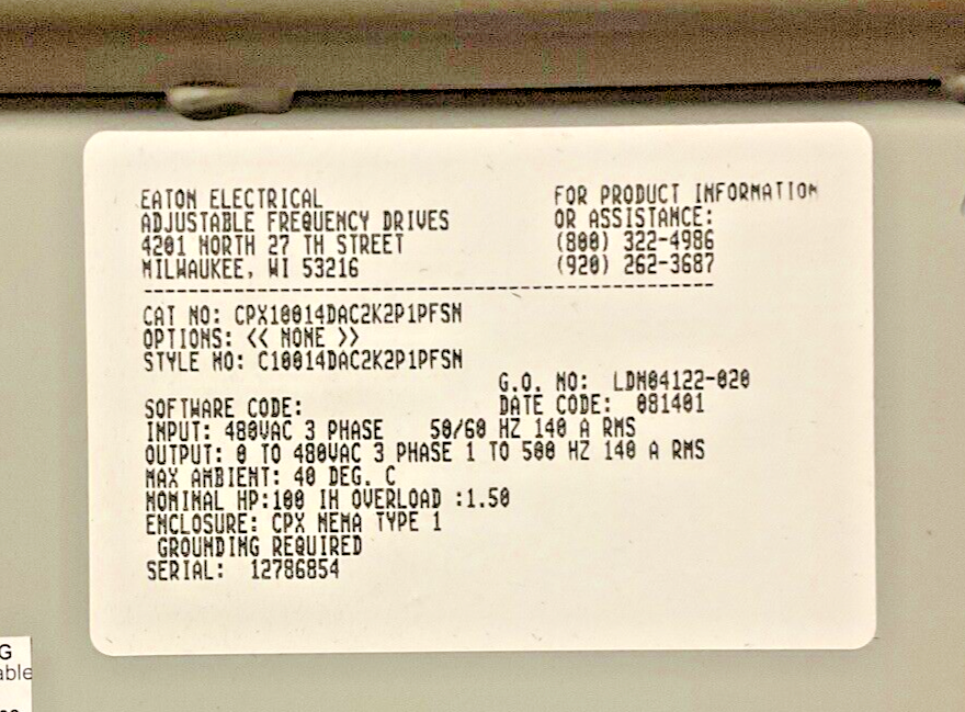 EATON CPX100.  100HP CUTLER  HAMMER DRIVE 480VAC 3PH HAMMSVX100A1-4A1N1 VFD