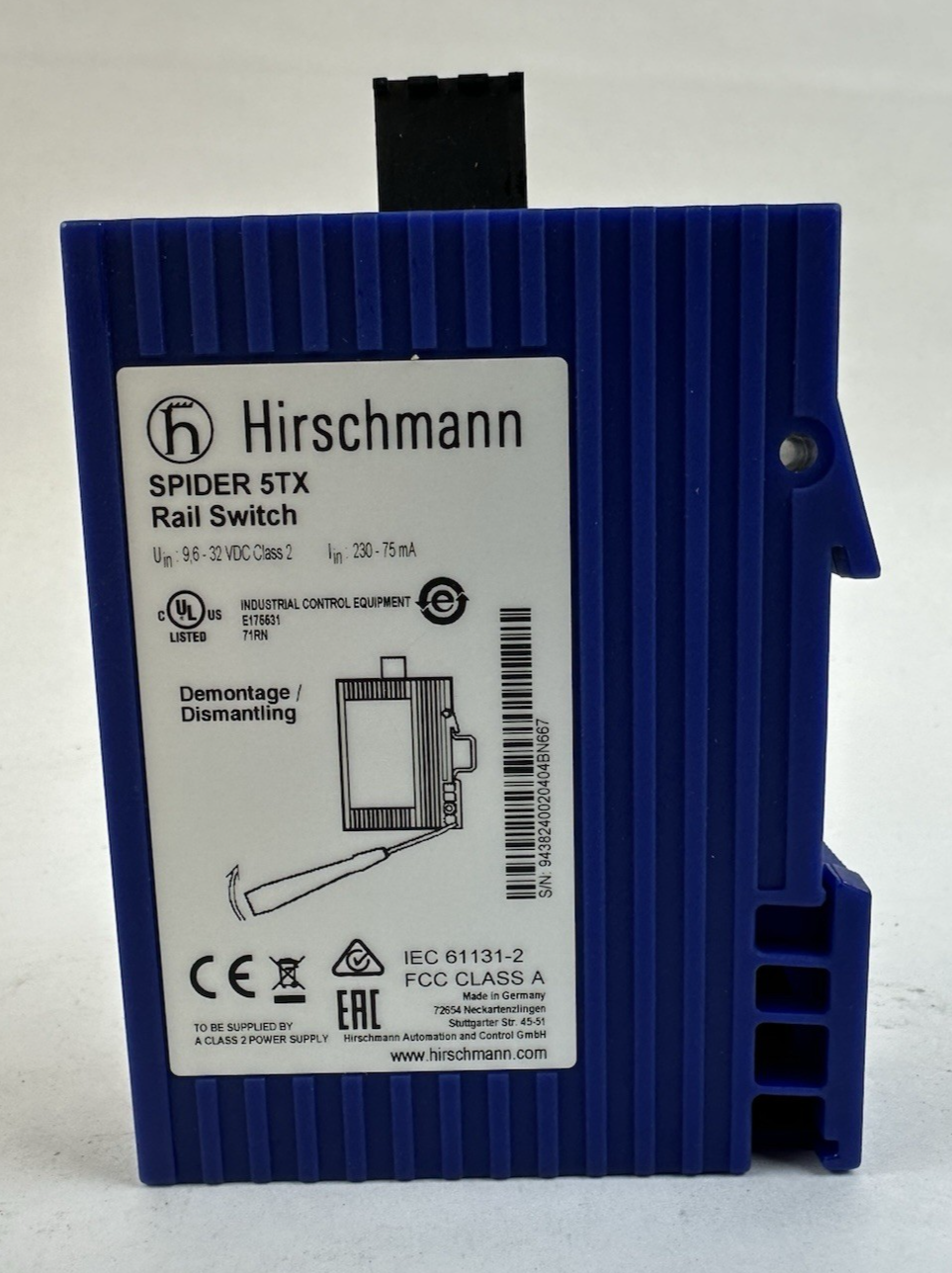 HIRSCHMANN SPIDER 5TX RAIL SWITCH 943824-002 INDUSTRIAL ETHERNET 5-PORT 24VDC