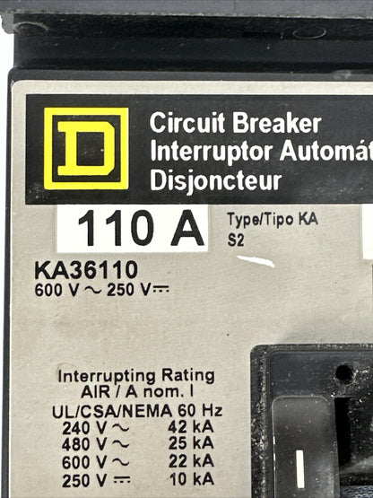 SQUARE D KA36110 CIRCUIT BREAKER 600VAC 250VDC 110AMP 3POLE