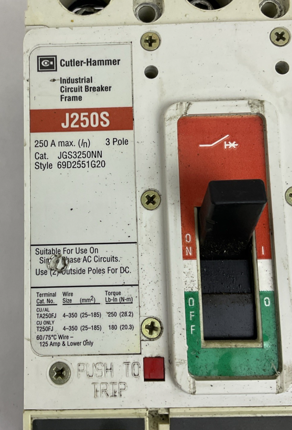 CUTLER HAMMER EATON JGS3250NN CIRCUIT BREAKER 250A 690VAC 250VDC