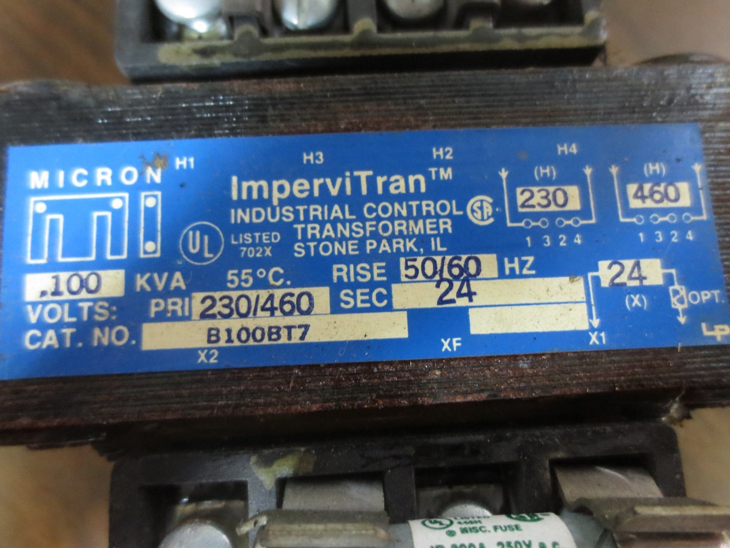 MICRON / IMPERVITRAN B100BT7 CONTROL TRANSFORMER 230/460V-- 24V, .100KVA
