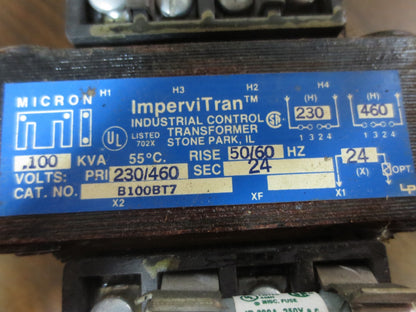 MICRON / IMPERVITRAN B100BT7 CONTROL TRANSFORMER 230/460V-- 24V, .100KVA