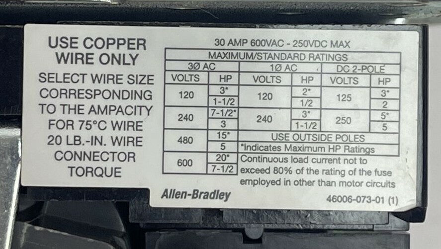 ALLEN BRADLEY 1494V-DS30 SER D DISCONNECT SWITCH 30AMP 250VDC 600VAC 7.5HP