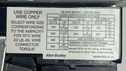 ALLEN BRADLEY 1494V-DS30 SER D DISCONNECT SWITCH 30AMP 250VDC 600VAC 7.5HP