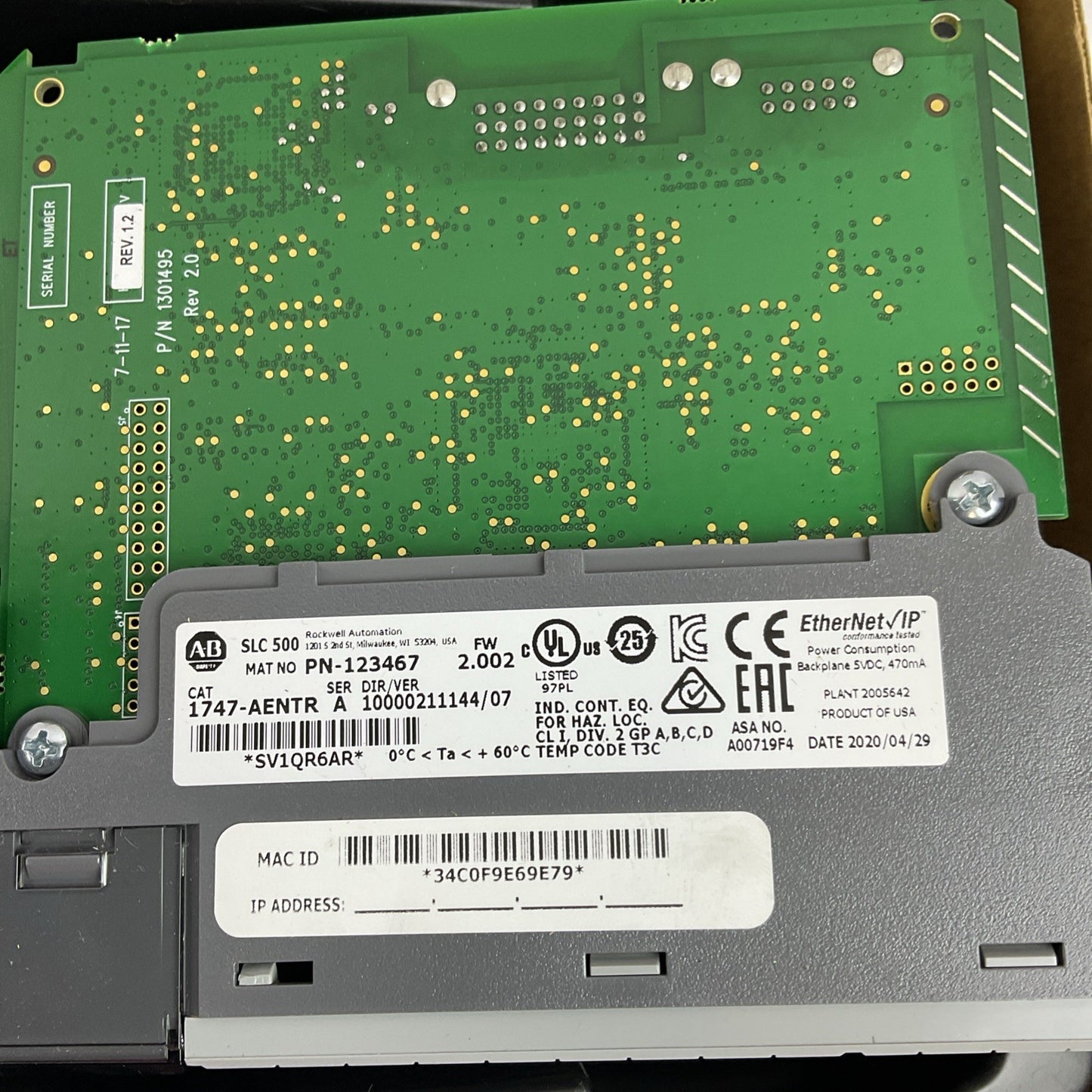 ALLEN BRADLEY 1747-AENTR ETHERNET/IP  COMMUNICATIONS MODULE VER.07 FW:2.002