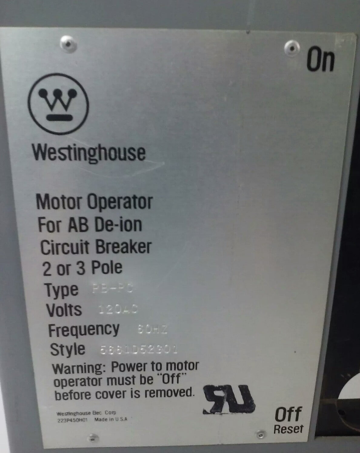 WESTINGHOUSE PC32000 MOTOR OPERATER 5661D52G01 TYPE PB-PC 120V 2A2B AUX SW
