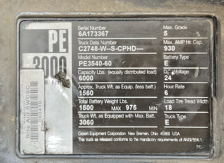 CROWN PE3540-60 PALLET JACK  6000LBS 24VDC BATT. TYPE E/ TRUCK TYPE E 7021.4HRS