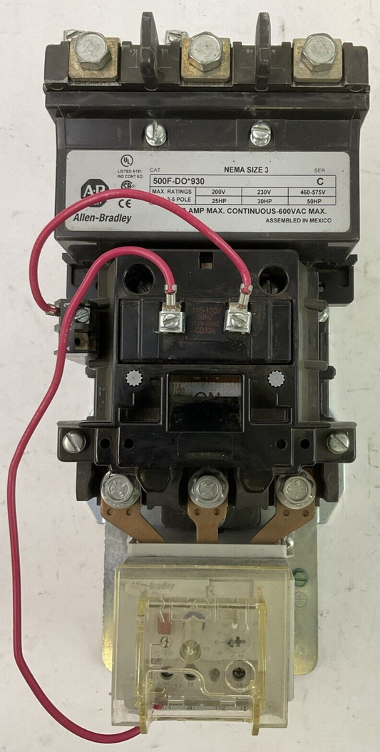 ALLEN BRADLEY 500F-DO*930 SIZE 3 STARTER 90A 600VAC 3PH 50HP CD236 COIL 115-120V