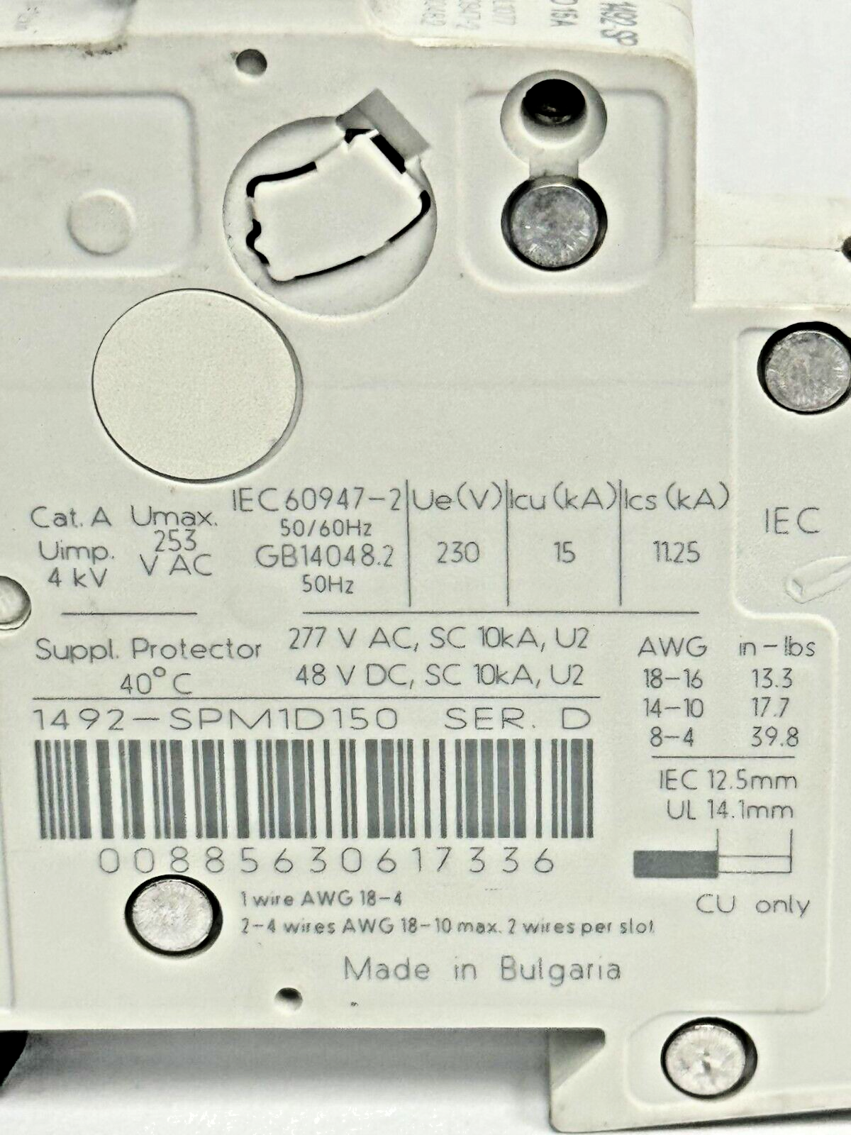 ALLEN-BRADLEY - 1492-SPM1D150 SER. D - CIRCUIT BREAKER - 1 P, 15 A, 277 V