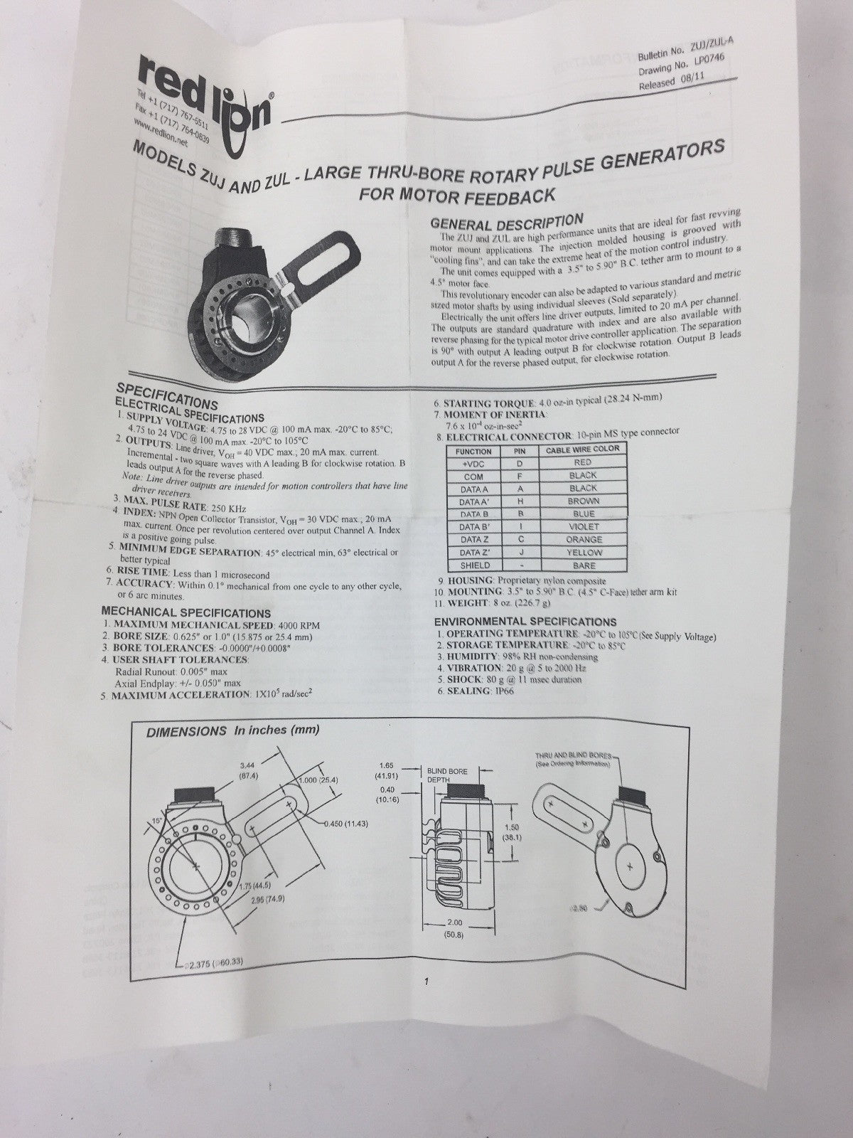 RED LION ZUJ0500Z LARGE THRU-BORE ROTARY PULSE GENERATOR
