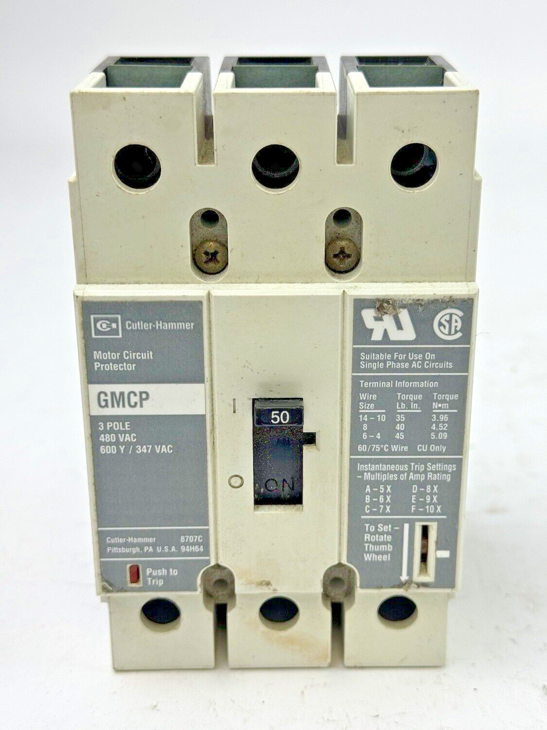 CUTLER-HAMMER  GMCP050K2C  MOTOR CIRCUIT PROTECTOR  3 POLE 600VAC 50A