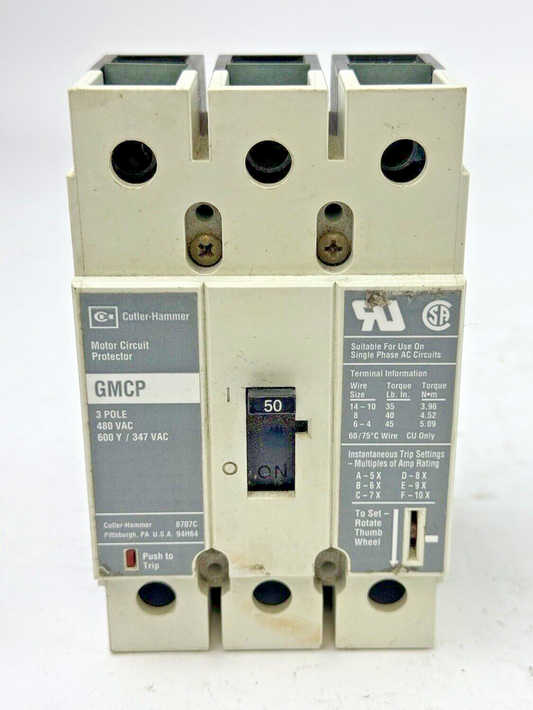 CUTLER-HAMMER  GMCP050K2C  MOTOR CIRCUIT PROTECTOR  3 POLE 600VAC 50A