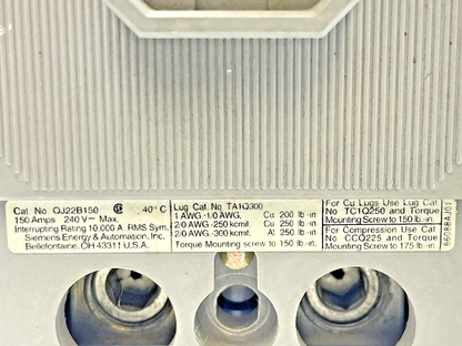 SIEMENS - QJH22B150 - CIRCUIT BREAKER - 150A, 240 VAC, 2 POLE