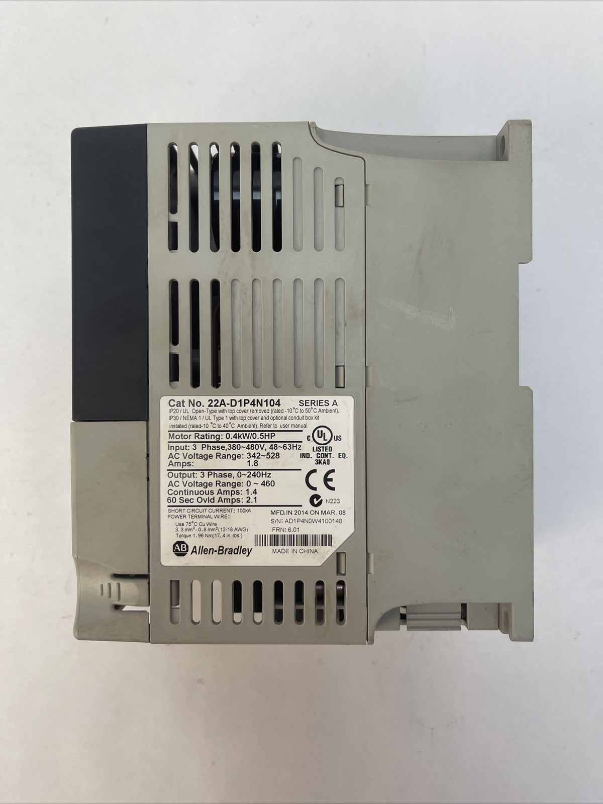ALLEN BRADLEY 22A-D1P4N104 POWER FLEX 4 SER A OUTPUT 0-460VAC INPUT 380-480VAC