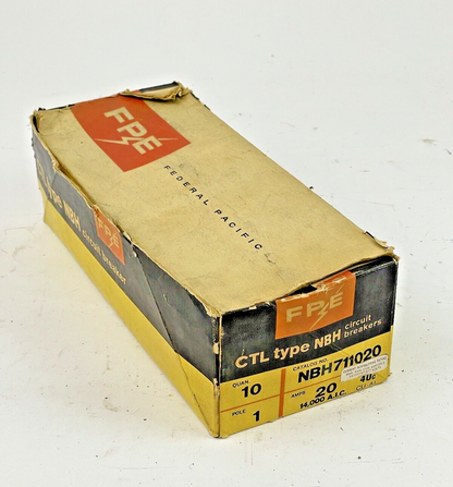 FEDERAL PACIFIC *BOX OF 10* CTL TYPE NBH 20A, 1 POLE CIRCUIT BREAKERS