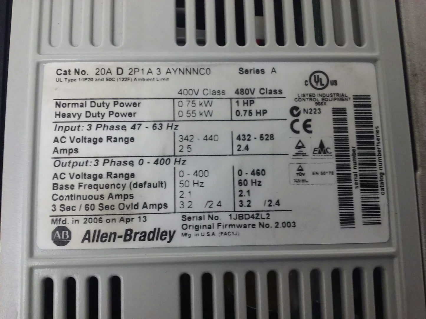 ALLEN BRADLEY POWER FLEX 70 20A-D2P1A3AYNNNC0 SER. A,3PH,480V, 1HP, W/ 20-HIM-A3