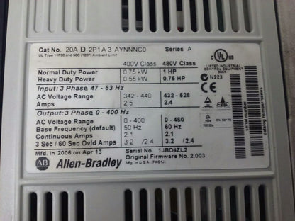 ALLEN BRADLEY POWER FLEX 70 20A-D2P1A3AYNNNC0 SER. A,3PH,480V, 1HP, W/ 20-HIM-A3