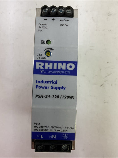 RHINO PSH-24-120(120W) INDUSTRIAL POWER SUPPLY OUTPUT 24VDC 5A INPUT 100-240VAC