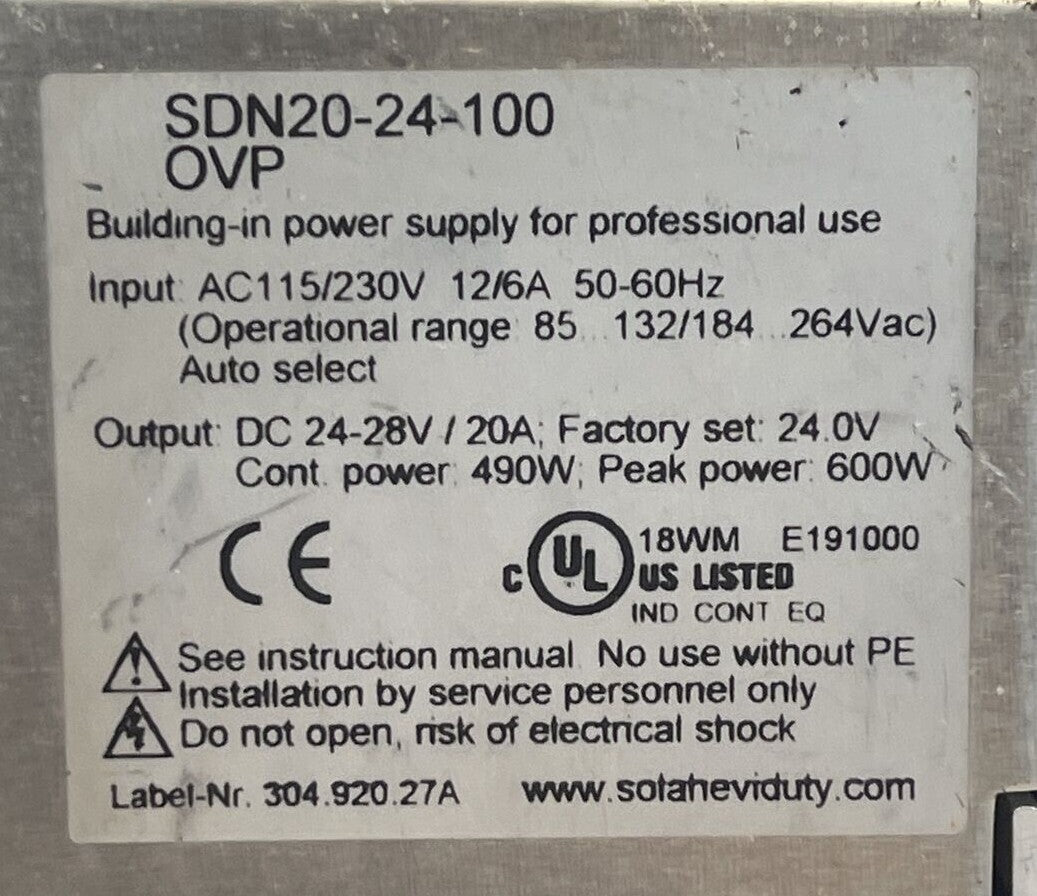 SOLA 20-24-100 OVP POWER SUPPLY OUTPUT 24-28VDC 20A INPUT 115/230VAC12/6A