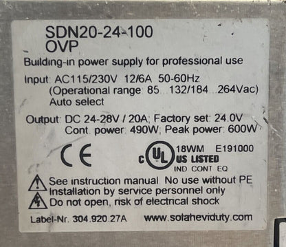 SOLA 20-24-100 OVP POWER SUPPLY OUTPUT 24-28VDC 20A INPUT 115/230VAC12/6A