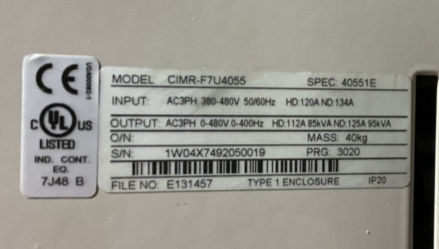 YASKAWA CIMR-F7U4055 AC DRIVE OUTPUT 3PH 0-480VAC