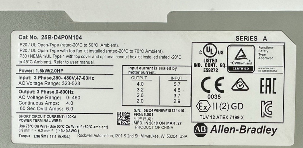ALLEN BRADLEY 25B-D4P0N104 POWERFLEX 525 AC DRIVE FRN 5.001 SER A W/ 25-JBAA