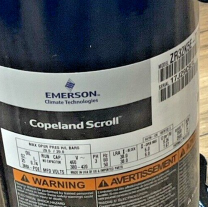 EMERSON COPELAND SCROLL ZR32K5E-TFD-800 COMPRESSOR 450VAC 3PH 60/50HZ