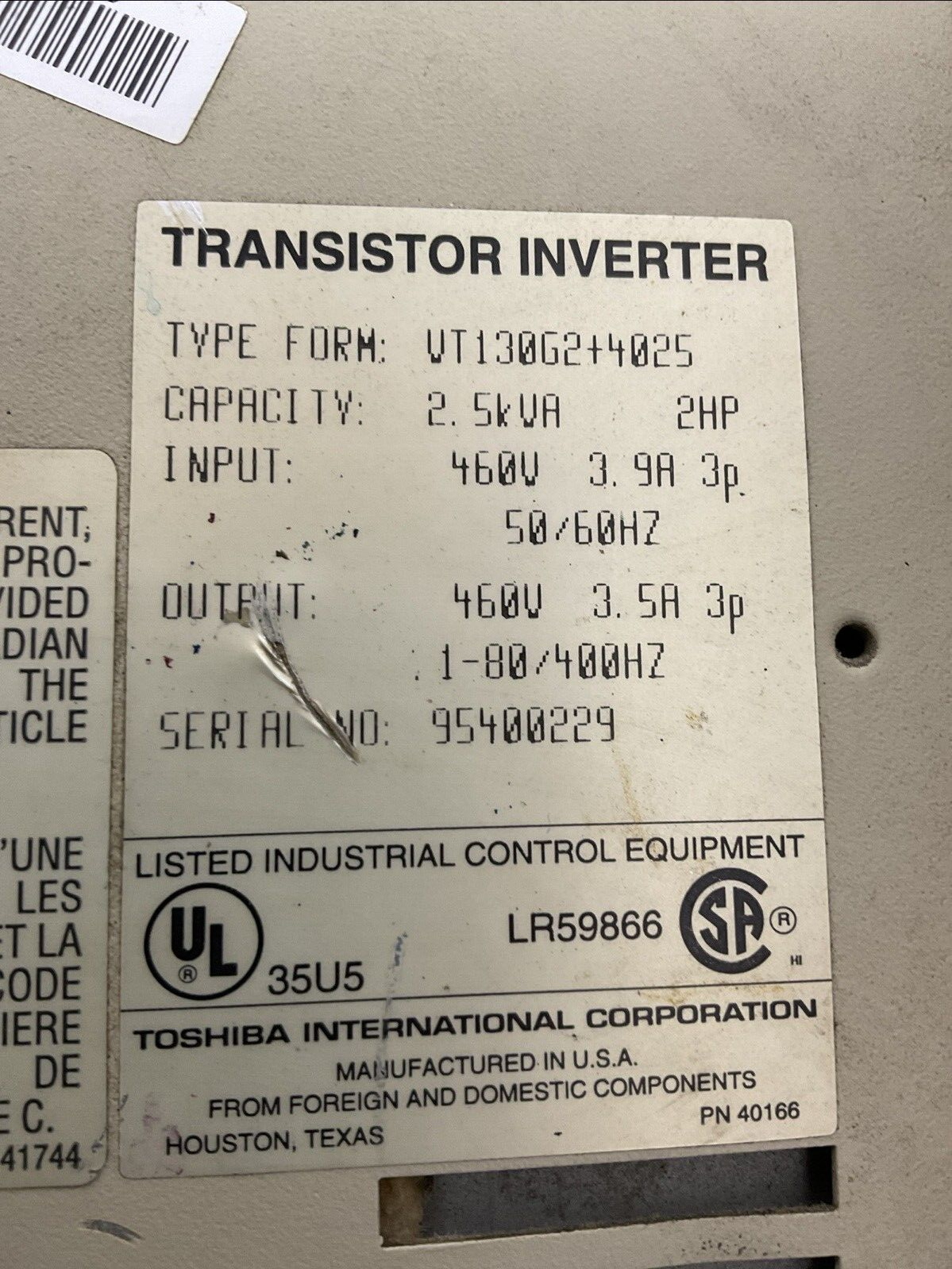 TOSHIBA TOSVERT-130G2 TRANSITOR INVERTER VT130G2+4025 2.5kVA 2HP OUTPUT 400V