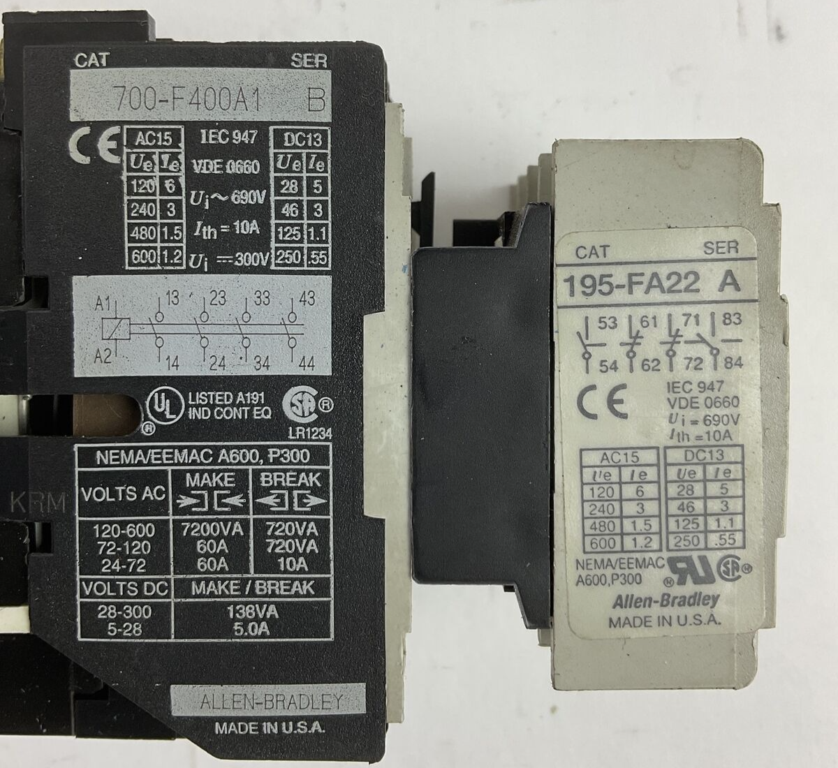 ALLEN BRADLEY 700-F400A1 SER B CONTACTOR 600VAC 300VDC 10A COIL 120V 195-FA22