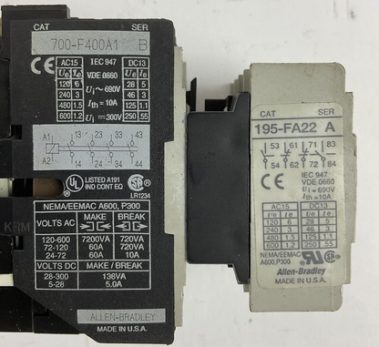 ALLEN BRADLEY 700-F400A1 SER B CONTACTOR 600VAC 300VDC 10A COIL 120V 195-FA22