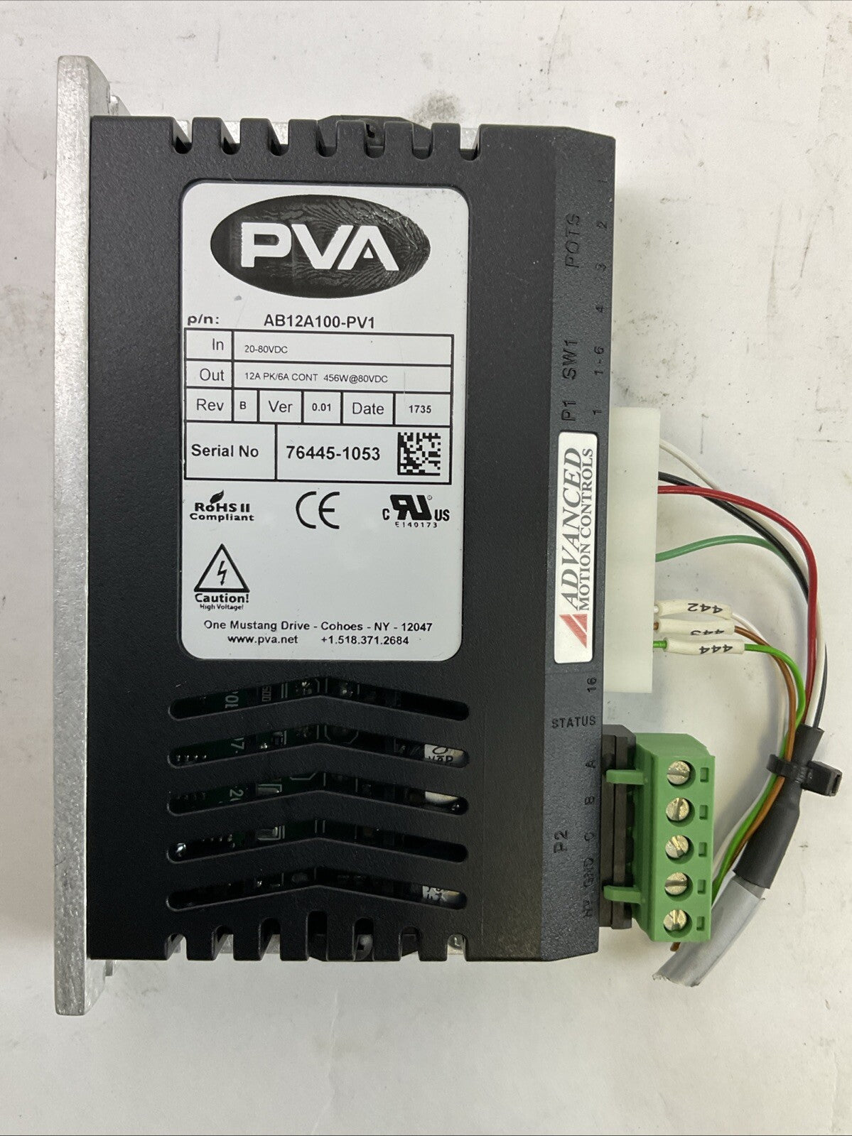 ADVANCED MOTION CONTROL AB12A100-PV1 SERVO DRIVE REV B VER 0.01 OUT 456W@80VDC