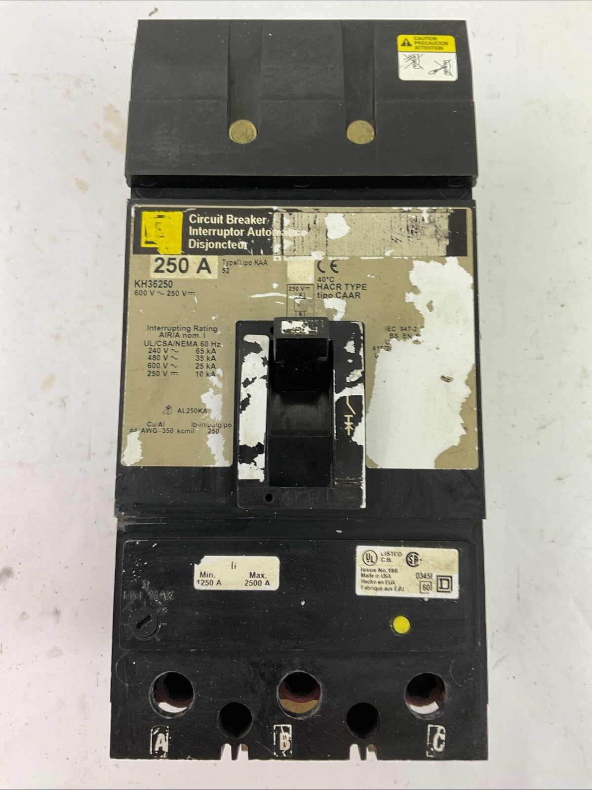 SQUARE D KH36250 CIRCUIT BREAKER 600VAC 250VDC 3POLE 250AMP