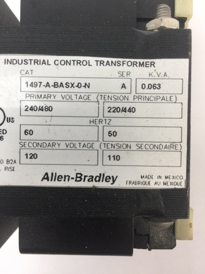 ALLEN BRADLEY 1497-A-BASX-0-N INDUSTRIAL CONTROL TRANSFORMWR 0.063 KVA 240/480V