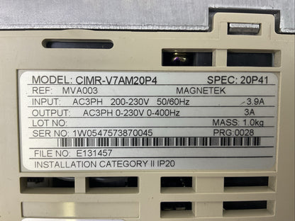 YASKAWA CIMR-V7AM20P4 AC DRIVE OUTPUT 3PH 0-230VAC 0-400HZ 3A INPUT 200-230VAC