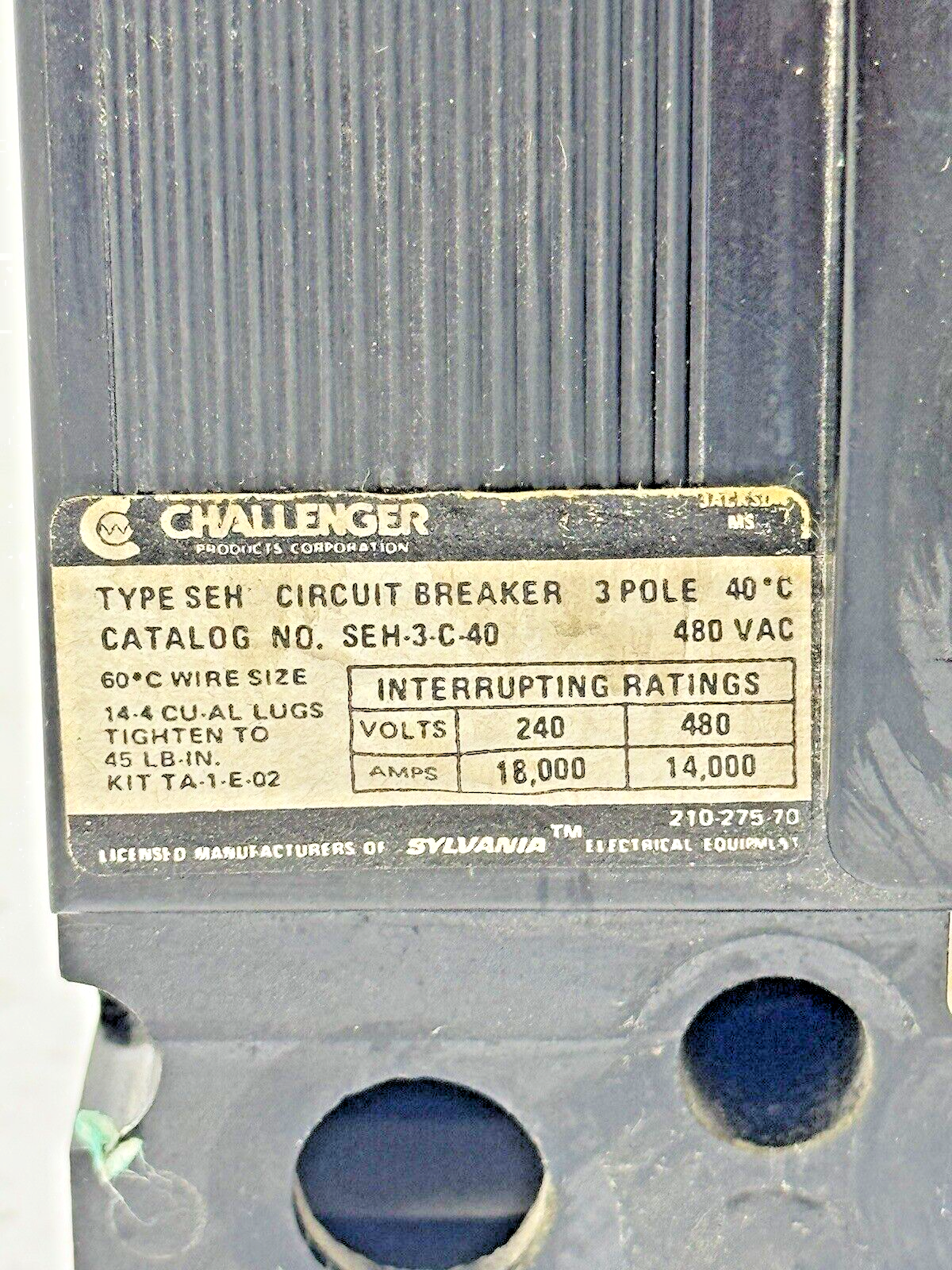SYLVANIA / CHALLENGER - SEH-3-C-40 - CIRCUIT BREAKER - 40 A, 480 VAC, 3 POLE