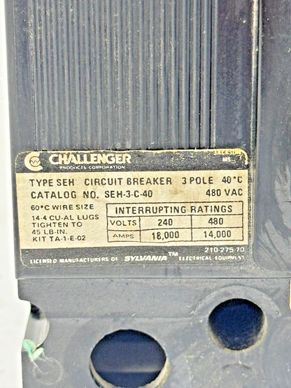 SYLVANIA / CHALLENGER - SEH-3-C-40 - CIRCUIT BREAKER - 40 A, 480 VAC, 3 POLE