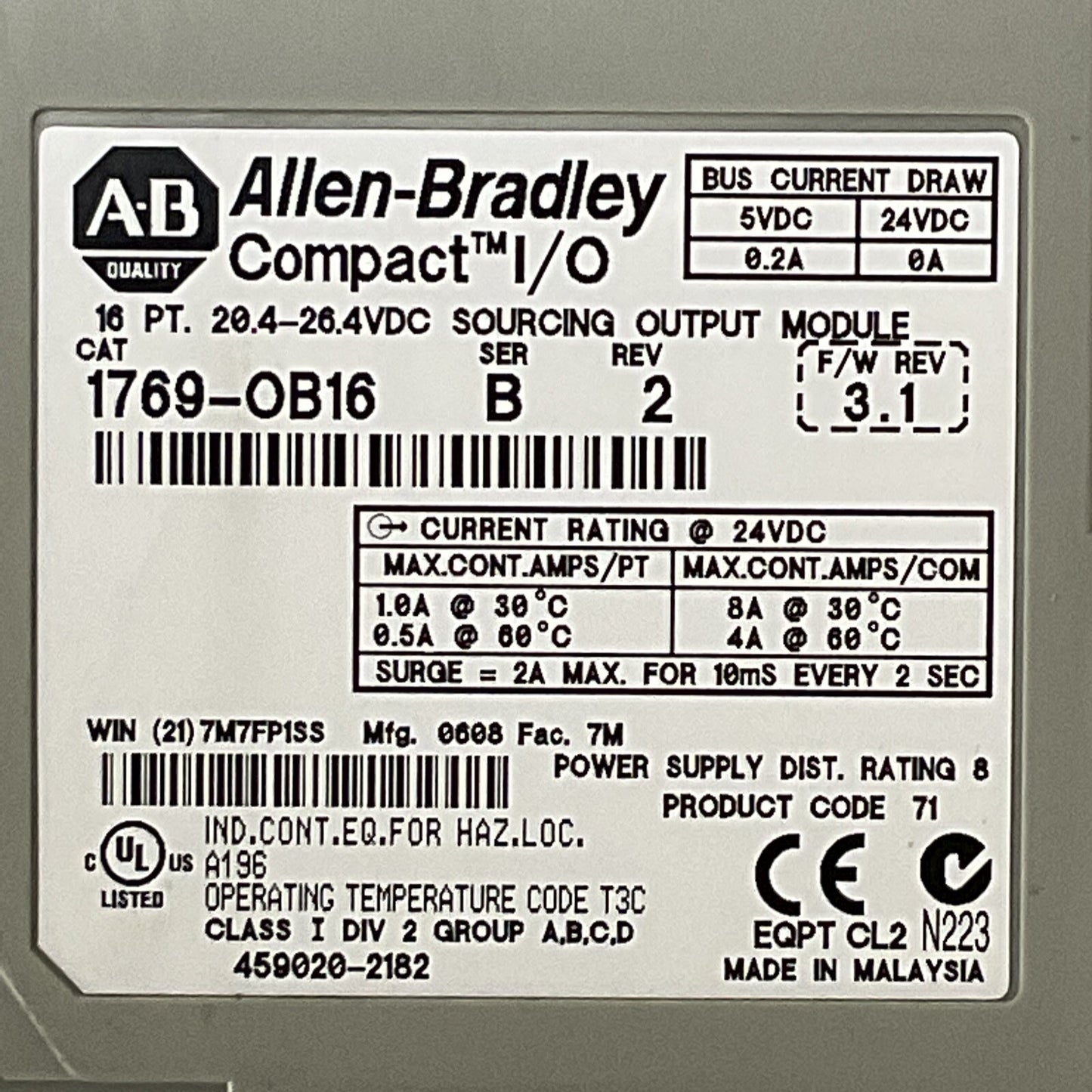 ALLEN BRADLEY 1769-OB16 SER B REV 2 F/W REV 3.1 16PT 20.4-26.4VDC SOURCING OUTPU