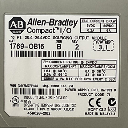 ALLEN BRADLEY 1769-OB16 SER B REV 2 F/W REV 3.1 16PT 20.4-26.4VDC SOURCING OUTPU